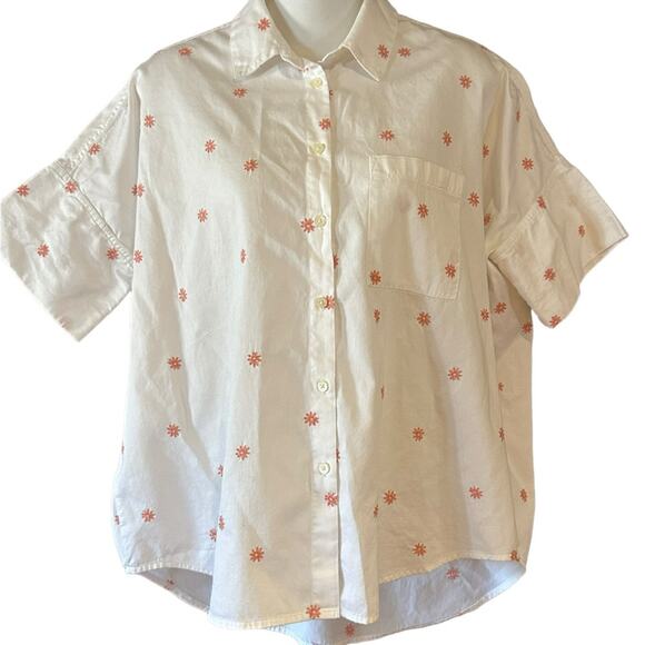 Madewell Women’s Small White Embroidered with Coral Flowers Button Up Top - Picture 1 of 7